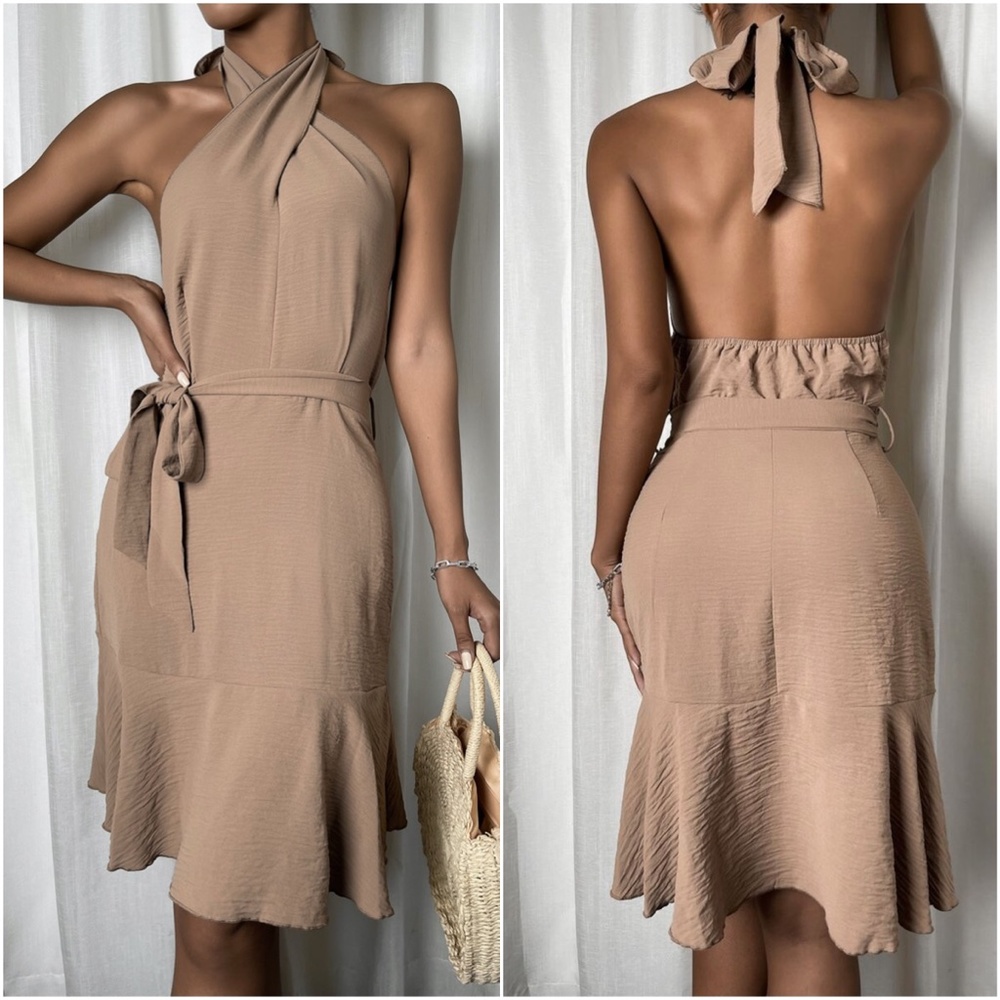 Mocha Brown Twist Halter Ruffle Midi Dress Belted - Picture 3 of 10